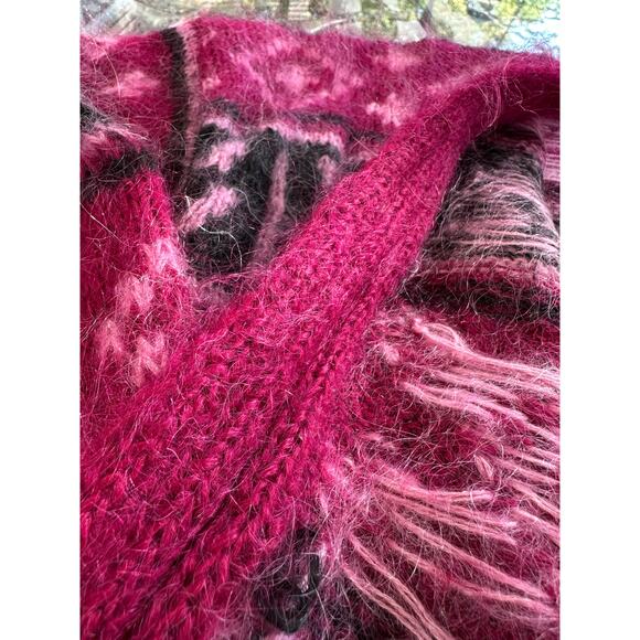 Vintage mohair-blend cardigan Fair Isle magenta black open front hand knitted - Picture 4 of 11